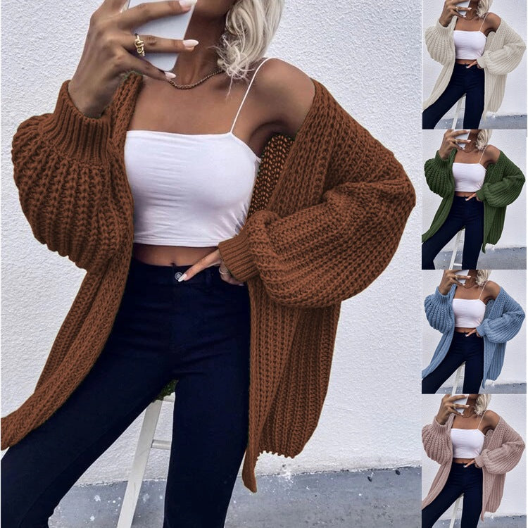 Damen Offener Strickcardigan mit voluminösen Ärmeln und strukturierter Textur Drune