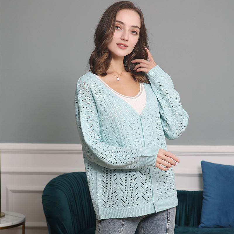 Damen Strickcardigan mit luftiger Lochmusterung und V-Ausschnitt Drune