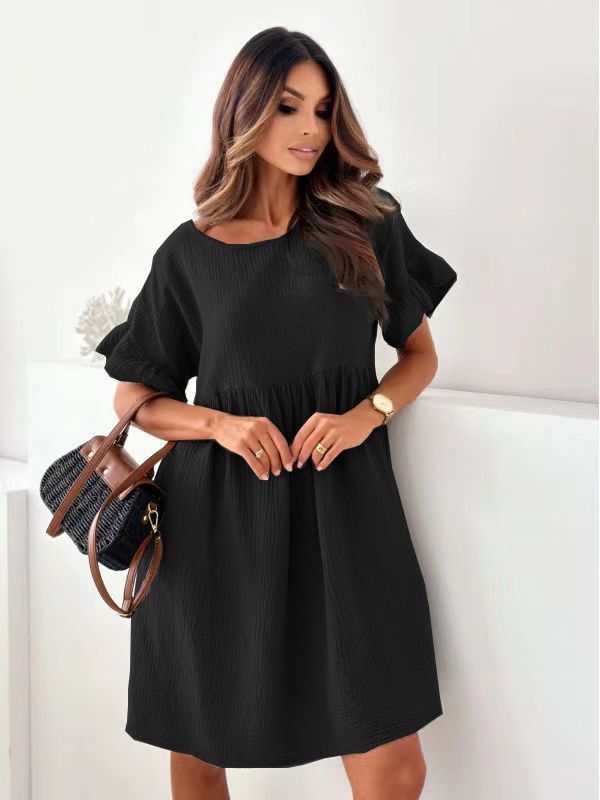 Damen lässiges Sommerkleid mit elastischem Taillenzug und kurzen Ärmeln Drune
