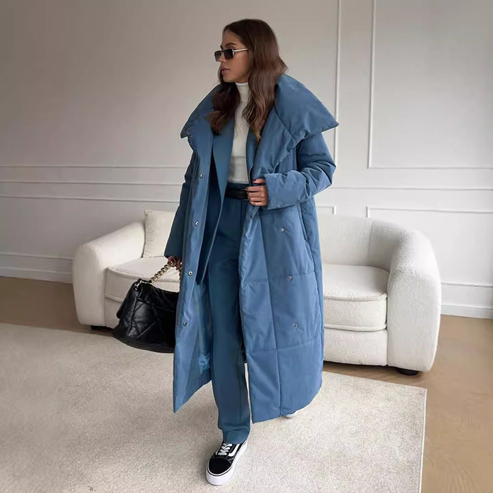 Damen elegante und warme Steppjacke mit breitem Kragen und Gürtel Drune