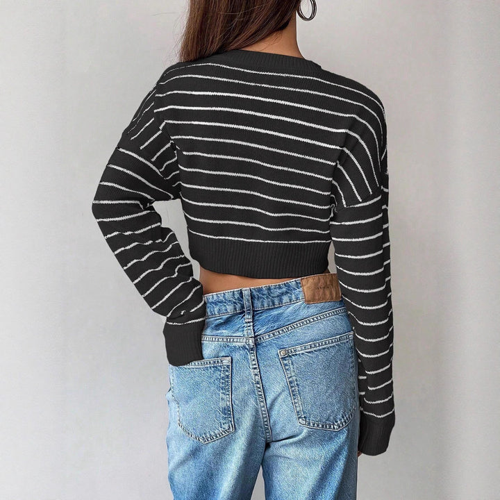 Damen cropped Streifenpullover mit lässigem Schnitt und modernem Rundhalsausschnitt Drune
