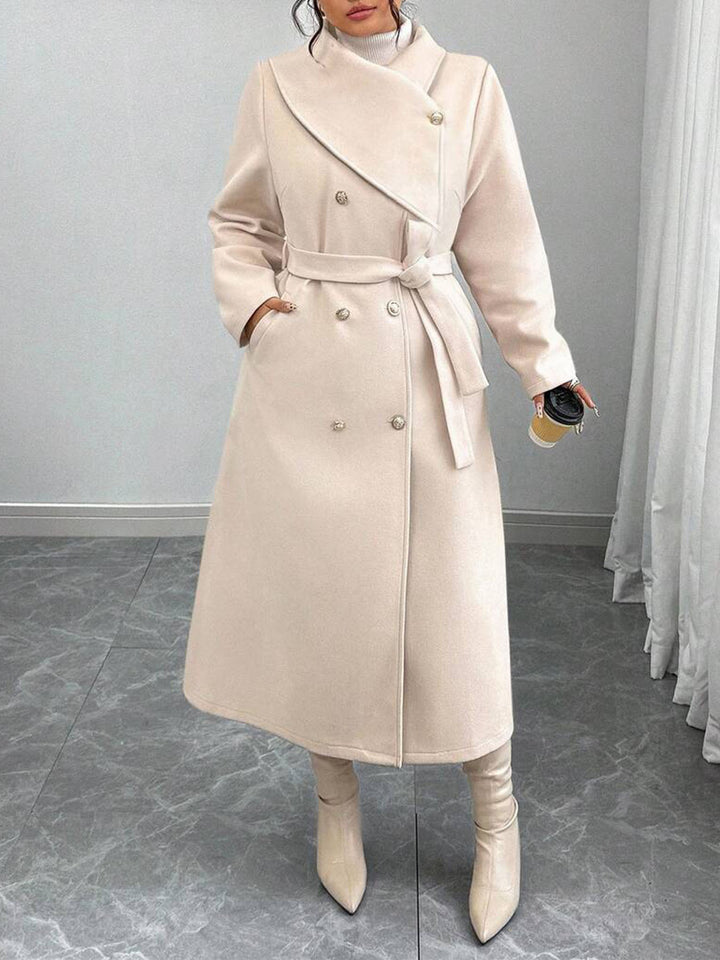 Damen eleganter wärmender Wollmantel mit doppelter Knopfleiste und einem Gürtel Drune
