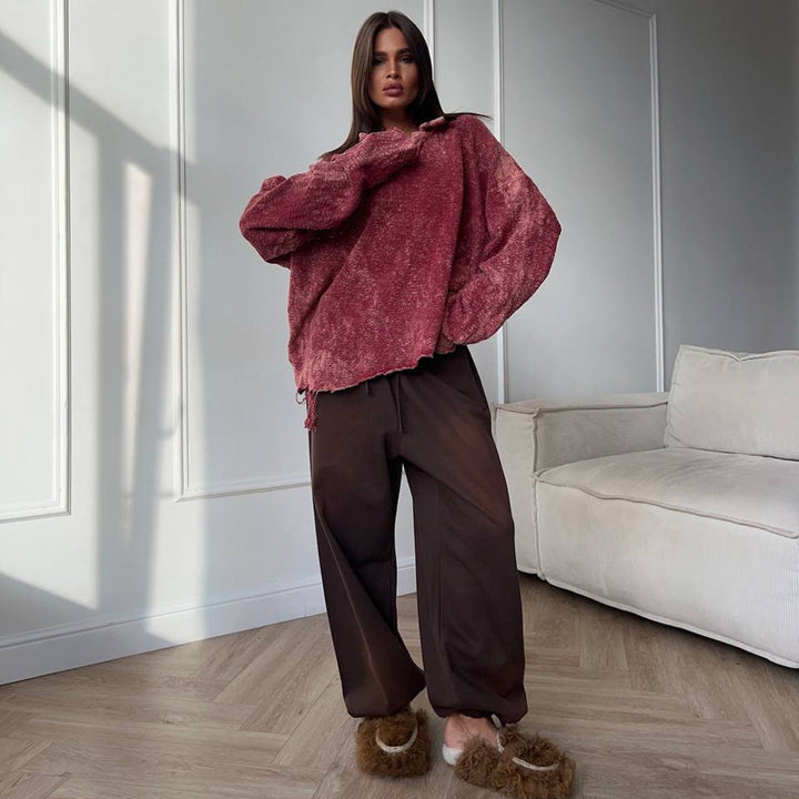 Damen Lässiger Oversized Pullover mit Rüschensaum und V-Ausschnitt Drune