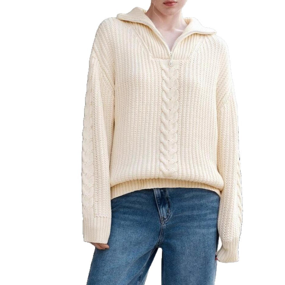 Damen Grobstrickpullover mit seitlichem Reißverschluss und Detailliertem Zopfmuster Drune