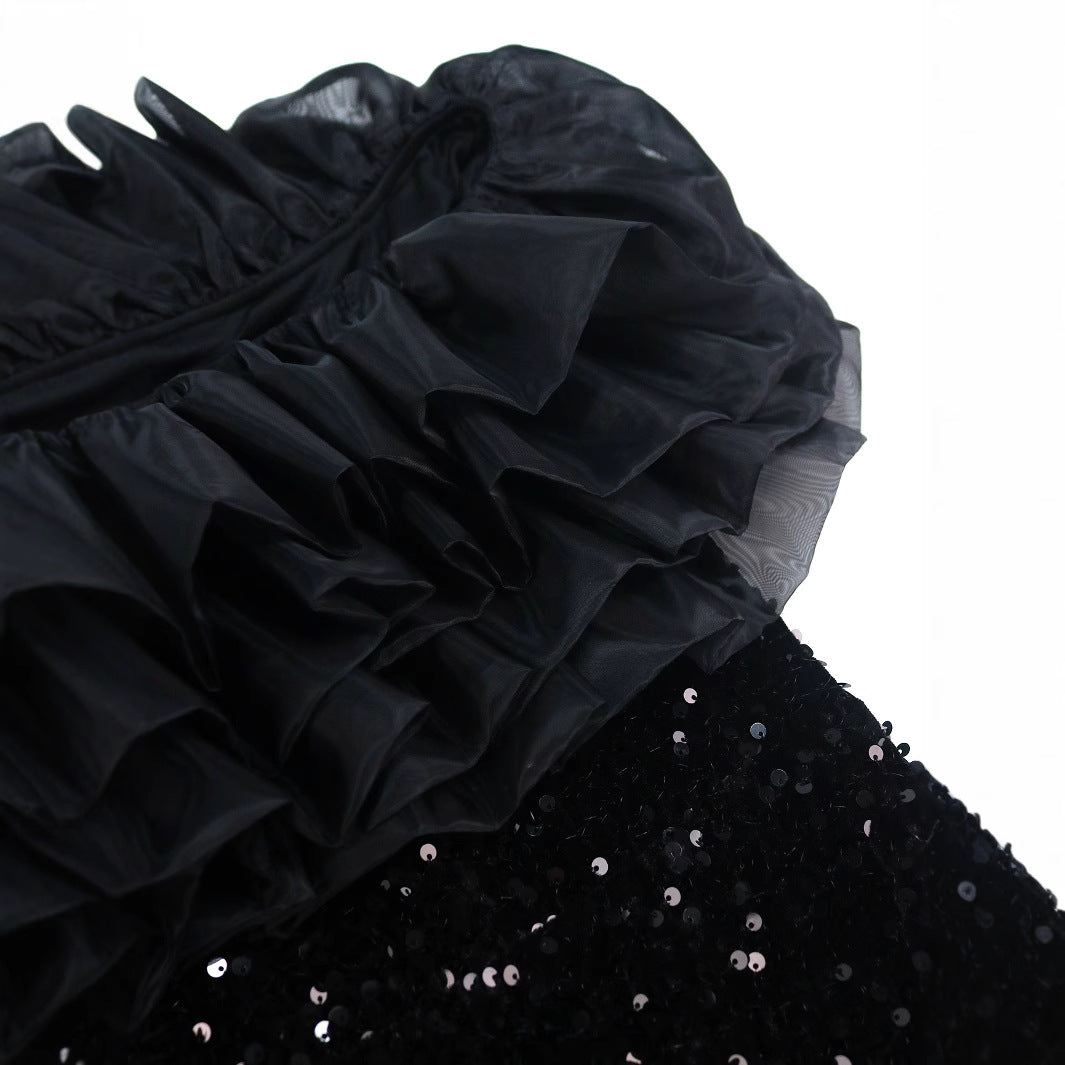 Damen Elegantes Abendkleid mit voluminösen Rüschen und funkelnden Pailletten Drune