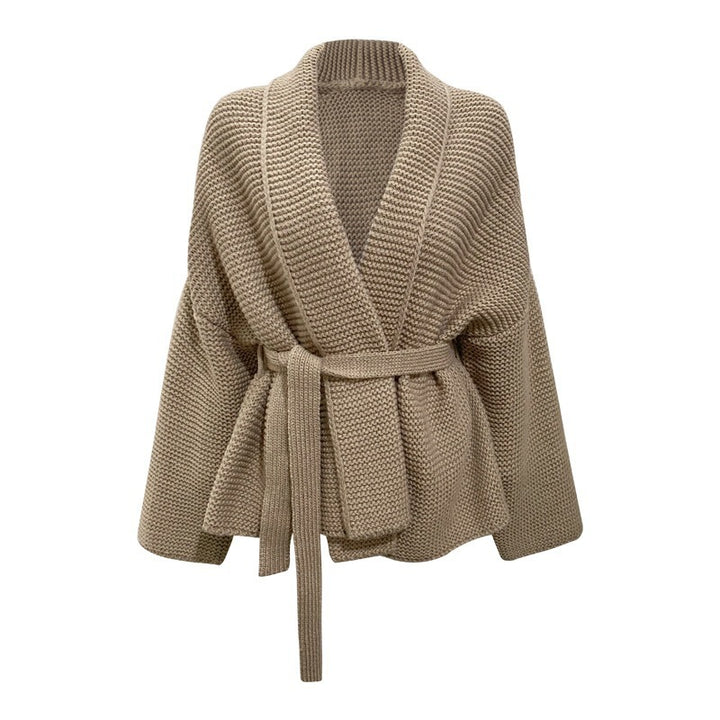 Damen Grobstrick-Wickeljacke mit breitem Schalkragen und bindbarem Gürtel Drune