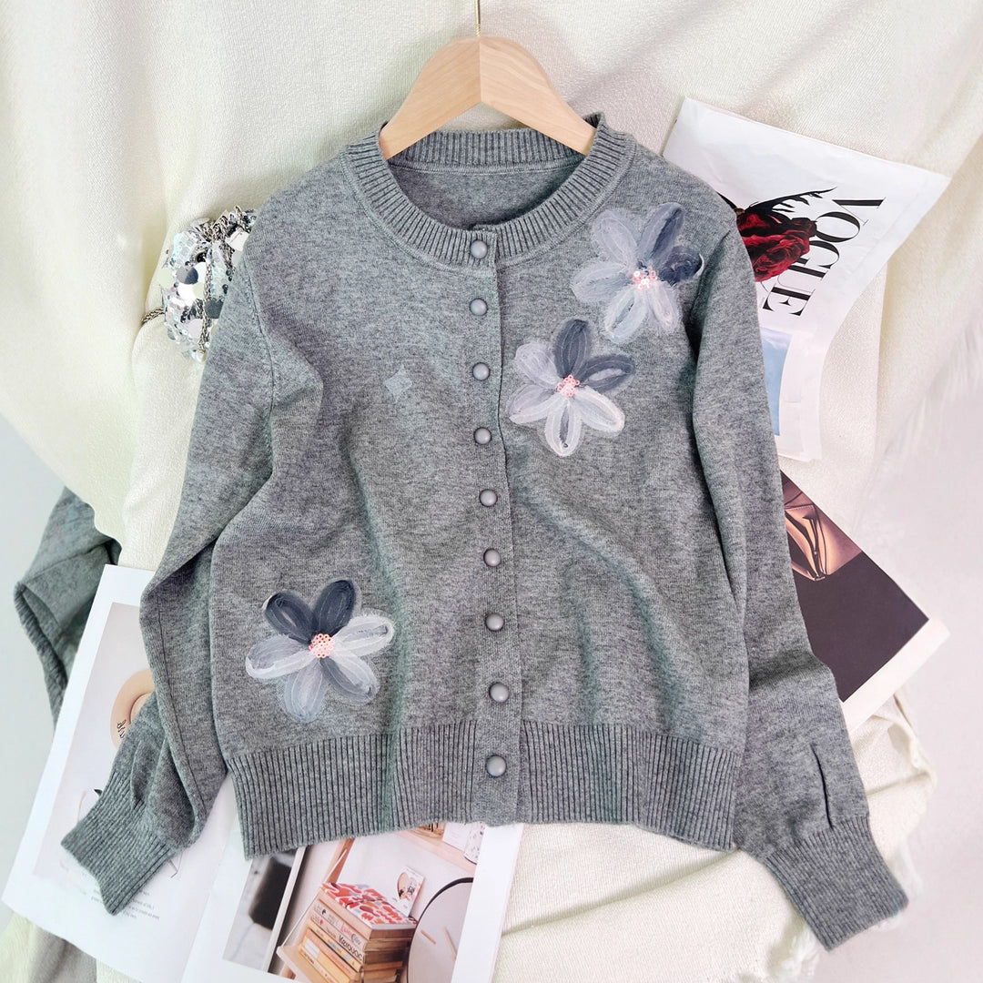Damen Strickjacke mit floralem Design und Knopfverschluss Drune