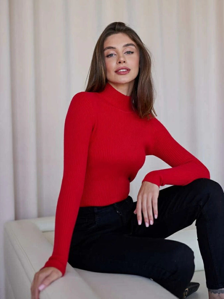 Damen Enganliegender Rippstrickpullover mit Stehkragen Drune