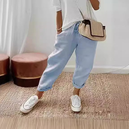 Damen lässige Leinenhose mit körpernaher Passform und praktischen Taschen Drune
