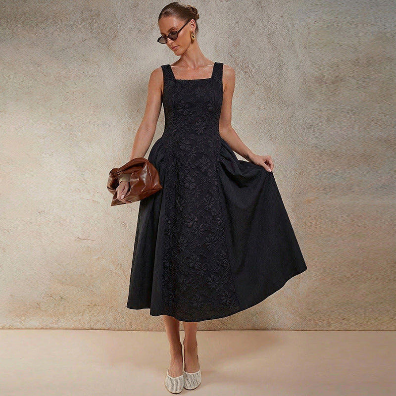 Damen Maxikleid mit floralen Stickereien und weitem Rock Drune