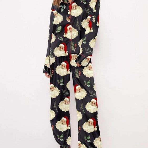 Damen Pyjama-Set mit festlichem Santa-Motiv und weichem Satin Drune