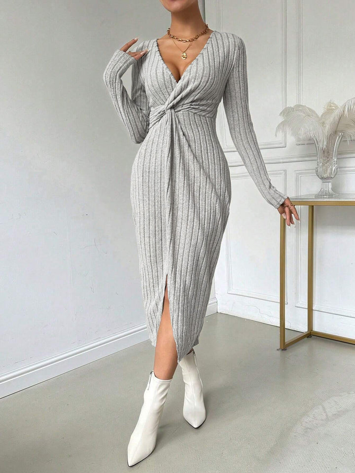 Damen figurbetontes Midi-Kleid mit Twist-Detail und seitlichem Schlitz Drune