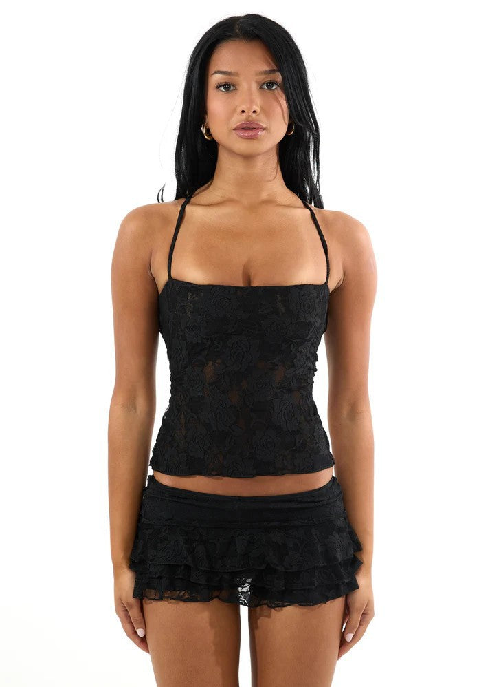 Damen Spaghetti-Träger Crop-Top mit Spitzenmuster Drune