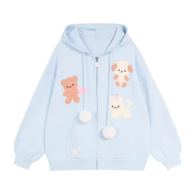 Damen Kapuzenjacke mit verspielten Tiermotiven und Pompoms Drune