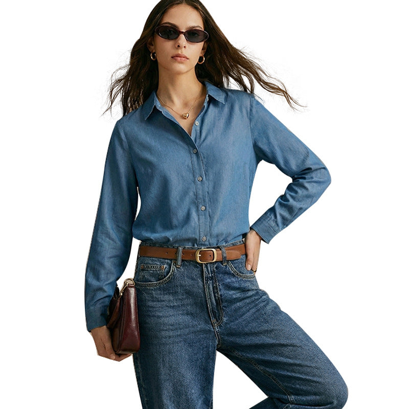 Damen klassische Denim-Bluse mit Knopfleiste und modischem Schnitt Drune