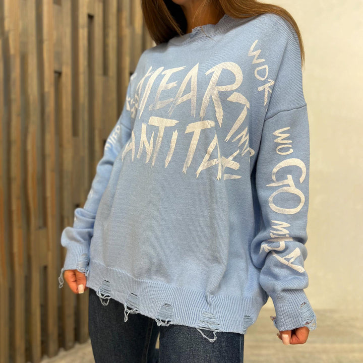 Damen Oversized Sweatshirt mit kreativem Schriftzug und modischen Rissdetails Drune