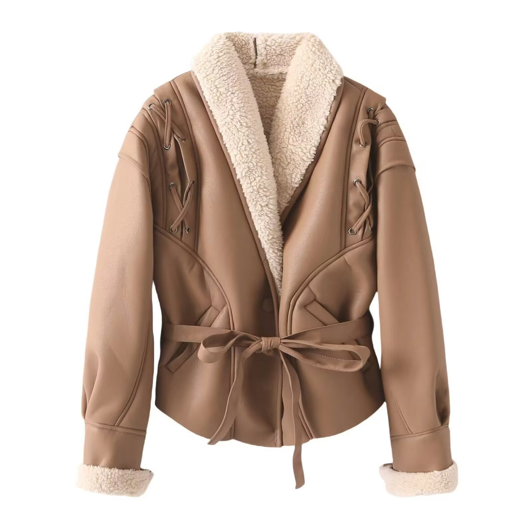 Damen trendige Kunstlederjacke mit flauschigem Innenfutter und Bindegürtel Drune