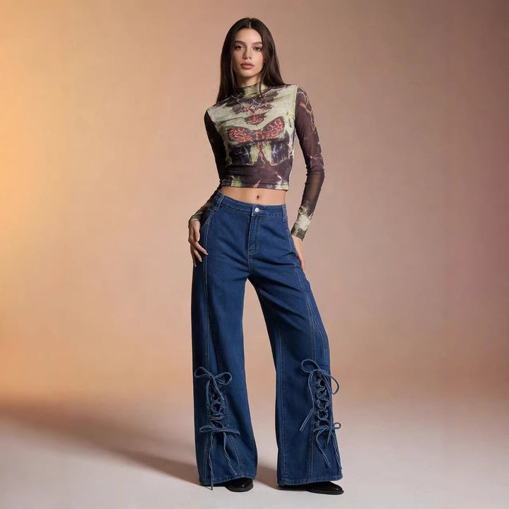Damen Schlagjeans mit trendigem Schnürdetail und weitem Bein Drune