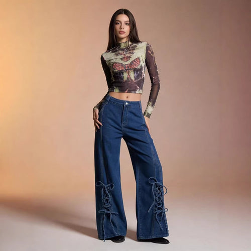 Damen Schlagjeans mit trendigem Schnürdetail und weitem Bein Drune