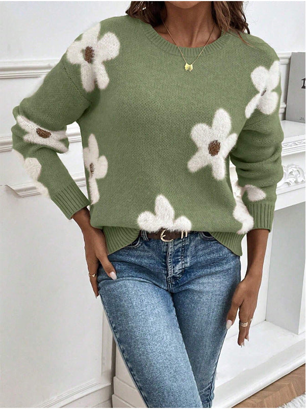 Damen Strickpullover mit floralem Design und modernem V-Ausschnitt Drune