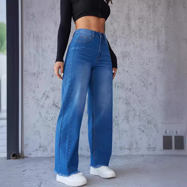 Damen weite High-Waist Jeans mit ausgefranstem Saum Drune