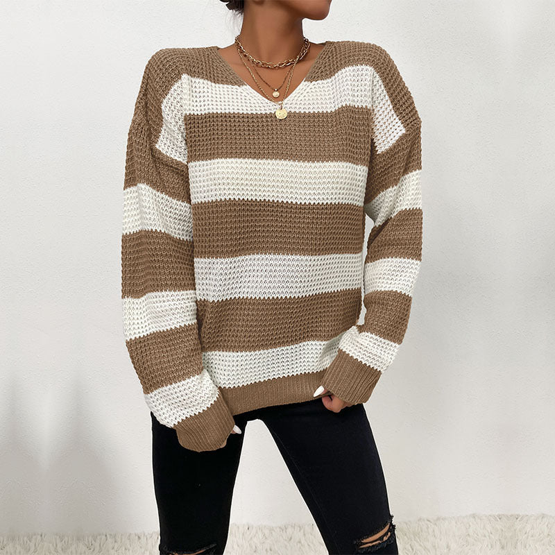 Damen lässiger Pullover mit strukturiertem Waffelmuster und V-Ausschnitt Drune