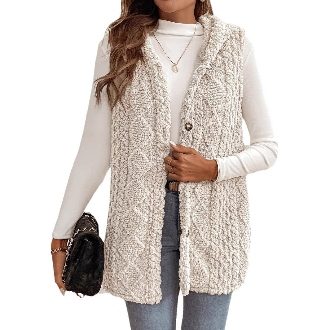 Damen Plüsch-Weste mit hohem Kragen und Knopfdetails Drune