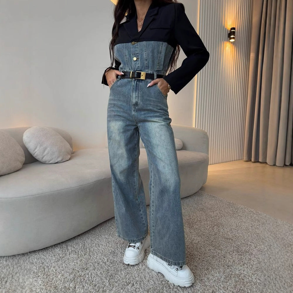 Damen Denim Overall mit kontrastierendem Oberteil und breitem Bein Drune