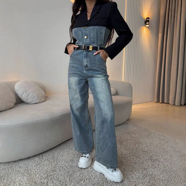 Damen Denim Overall mit kontrastierendem Oberteil und breitem Bein Drune