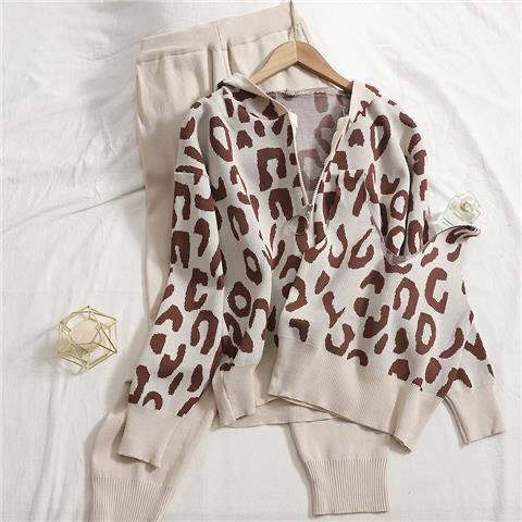 Damen lässiges Hoodie- und Jogginganzug-Set mit Leopardenmuster Drune