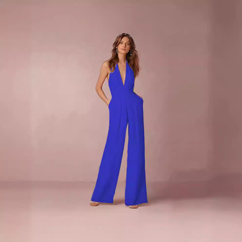 Damen Eleganter Jumpsuit mit tiefem V-Ausschnitt und weitem Bein Drune