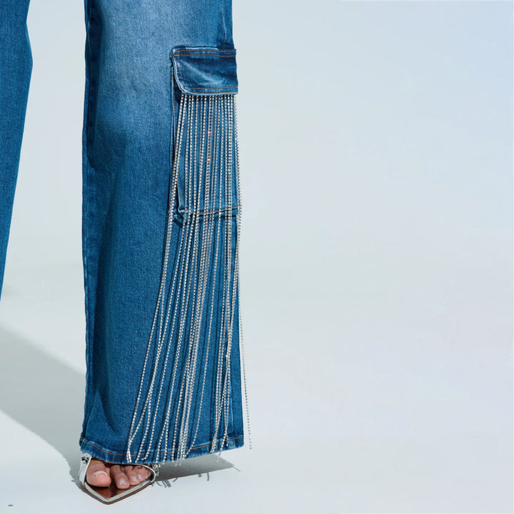 Damen Cargo-Jeans mit Glitzerfransen und tiefen Seitentaschen Drune