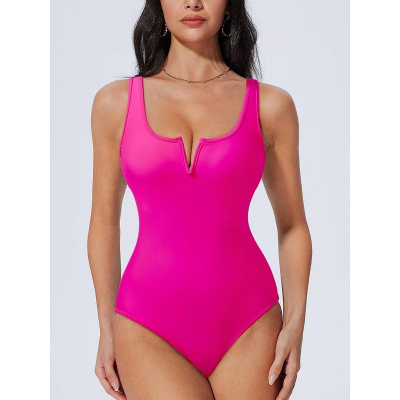 Damen Einteiliger Badeanzug mit tiefem V-Ausschnitt und kontrastierenden Details Drune