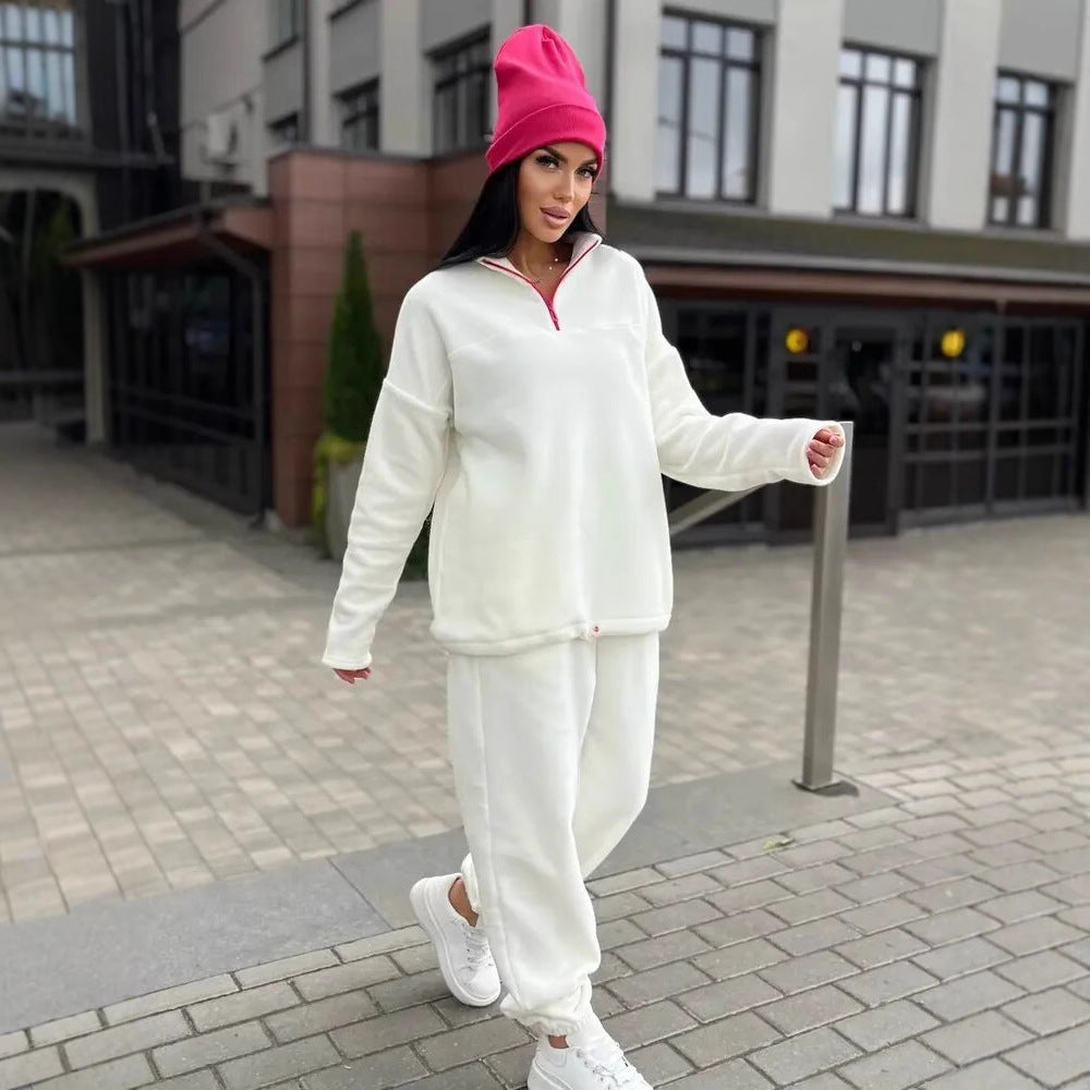 Damen Kuscheliges Fleece-Loungewear-Set mit Halb-Reißverschluss und elastischem Bund Drune