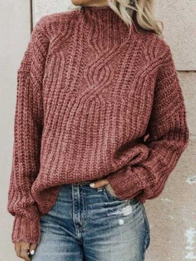 Damen Grober Strickpullover mit hohem Kragen und Zopfmuster Drune