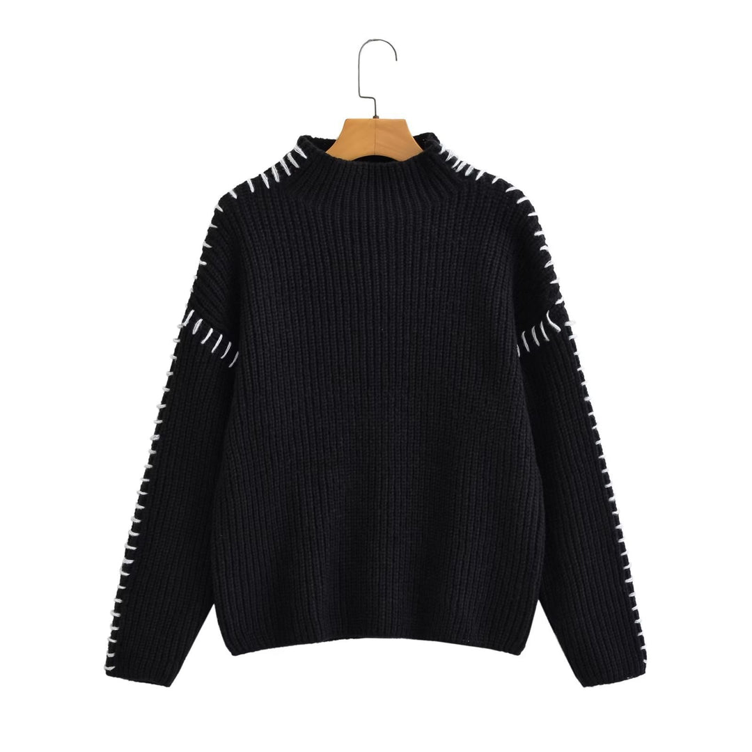 Damen nan Grobstrick-Oversize-Pullover mit hoher Rollkragenkante und Zierstich-Ärmeln Drune
