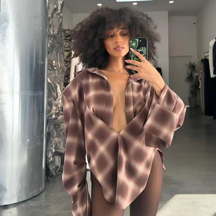Damen Oversized Karo-Hemdbluse mit tiefem V-Ausschnitt und lässigem Schnitt Drune