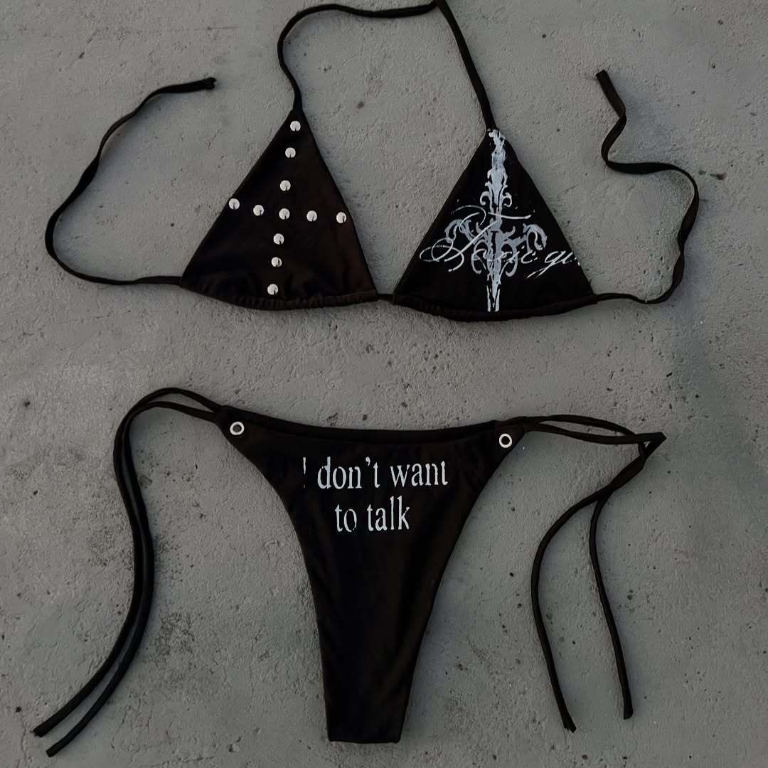 Damen Triangle-Bikini mit einzigartigem Schriftzug und Glitzerelementen Drune