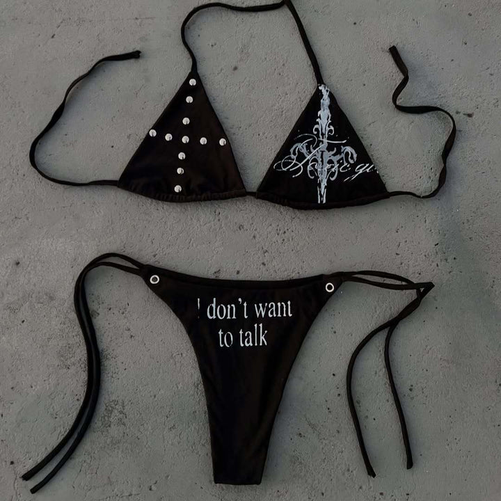 Damen Triangle-Bikini mit einzigartigem Schriftzug und Glitzerelementen Drune