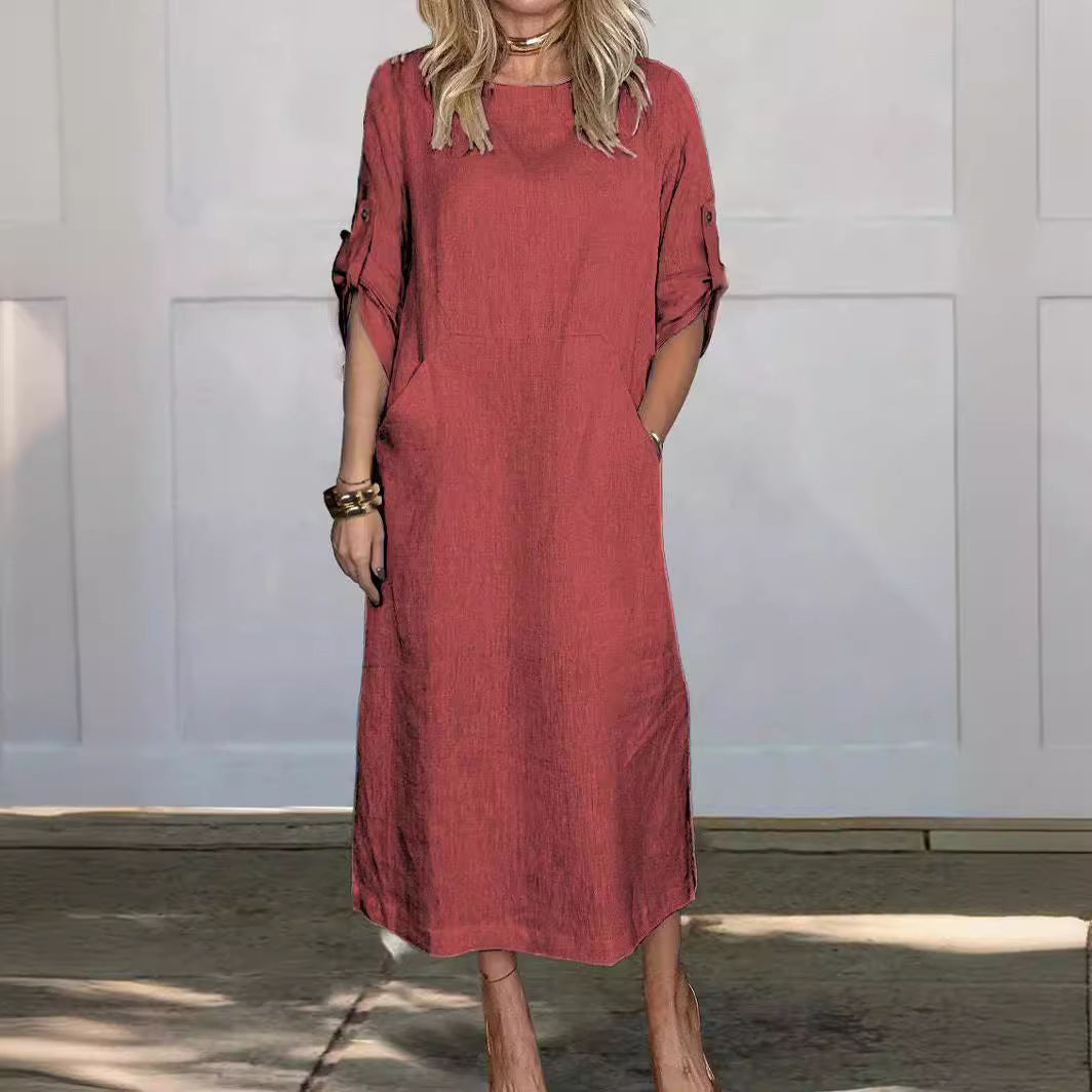 Damen Lässiges Leinen-Midikleid mit Seitentaschen und umschlagbaren Ärmeln Drune