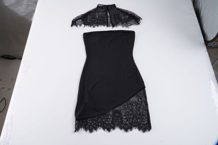 Damen Spitzenkleid mit asymmetrischem Saum und elegantem Kragen Drune