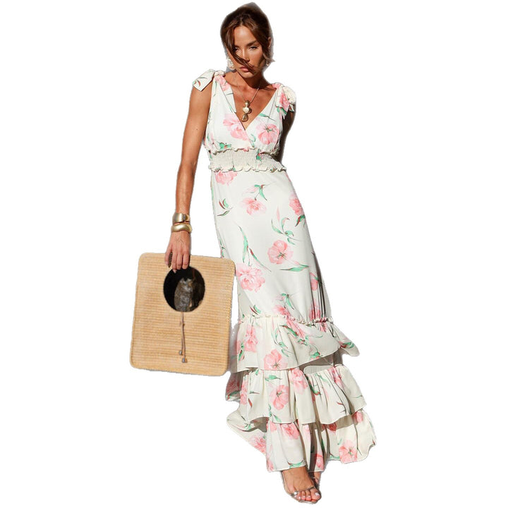 Damen Maxikleid mit floralen Rüschen und schwingendem Saum Drune