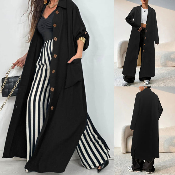 Damen Lange Oversized Jacke mit eleganten Knopfdetails und tiefem Kragen Drune