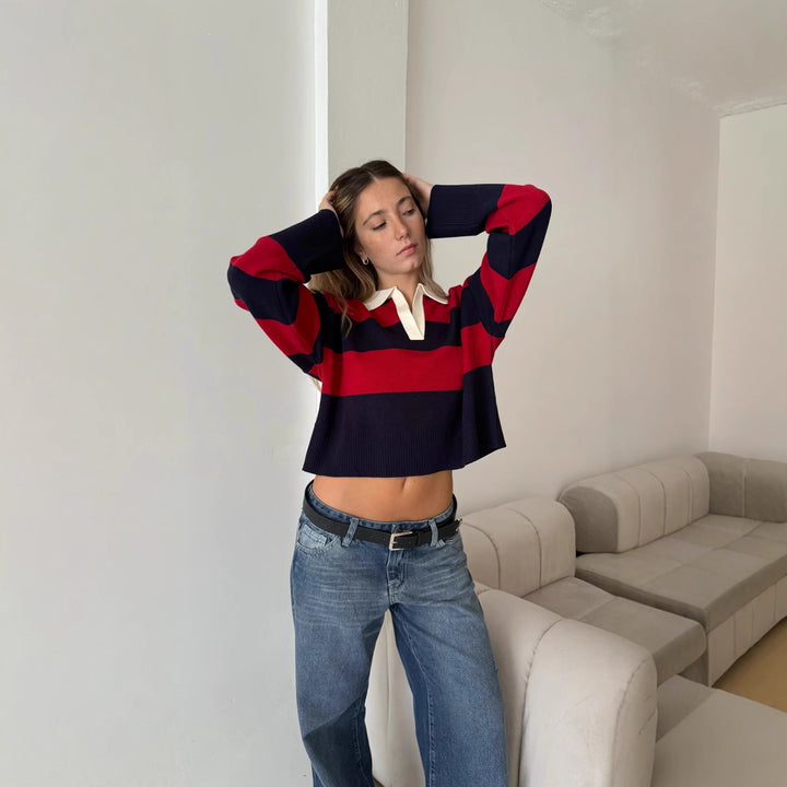 Damen cropped Pullover mit modernem Streifenmuster und sportlichem Kragen Drune