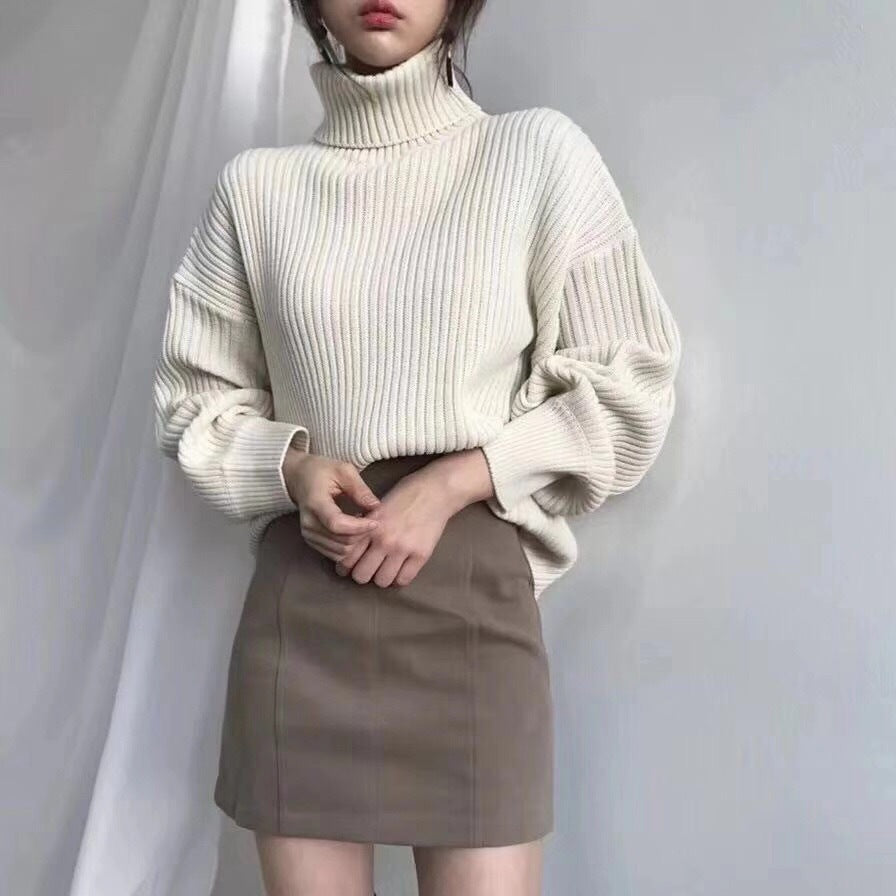 Damen Grobstrickpullover mit hohem Kragen und voluminösen Ärmeln Drune