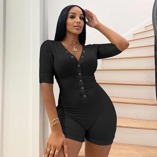 Damen Figurenbetonter Jumpsuit mit modischem V-Ausschnitt und praktischen Knopfdetails Drune