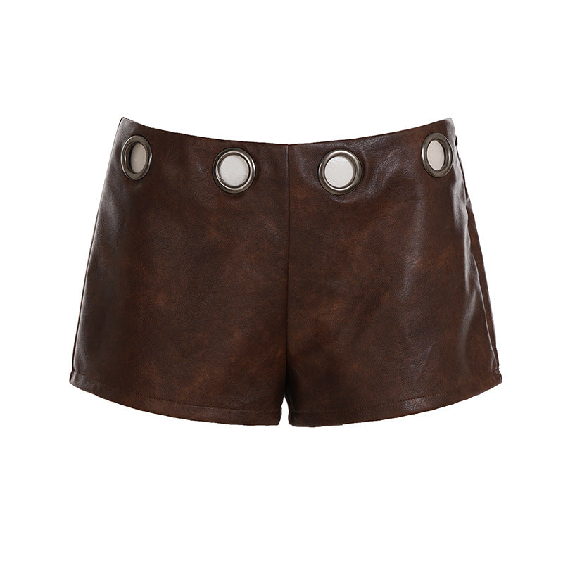 Damen Kunstleder-Shorts mit dekorativen Ösen Drune