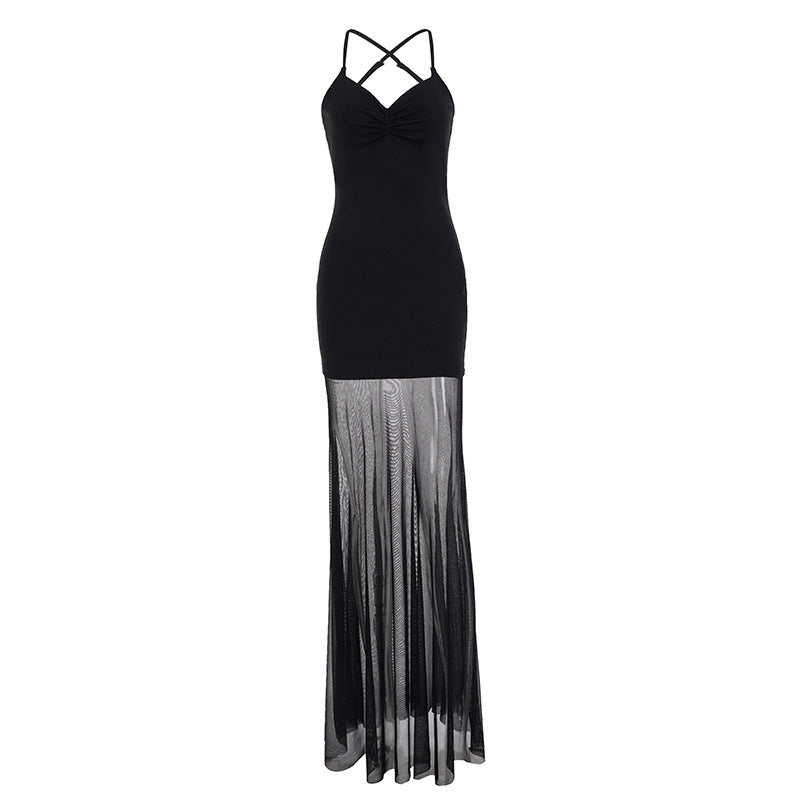 Damen Elegantes Maxikleid mit tiefem Ausschnitt und fließendem Tüllrock Drune