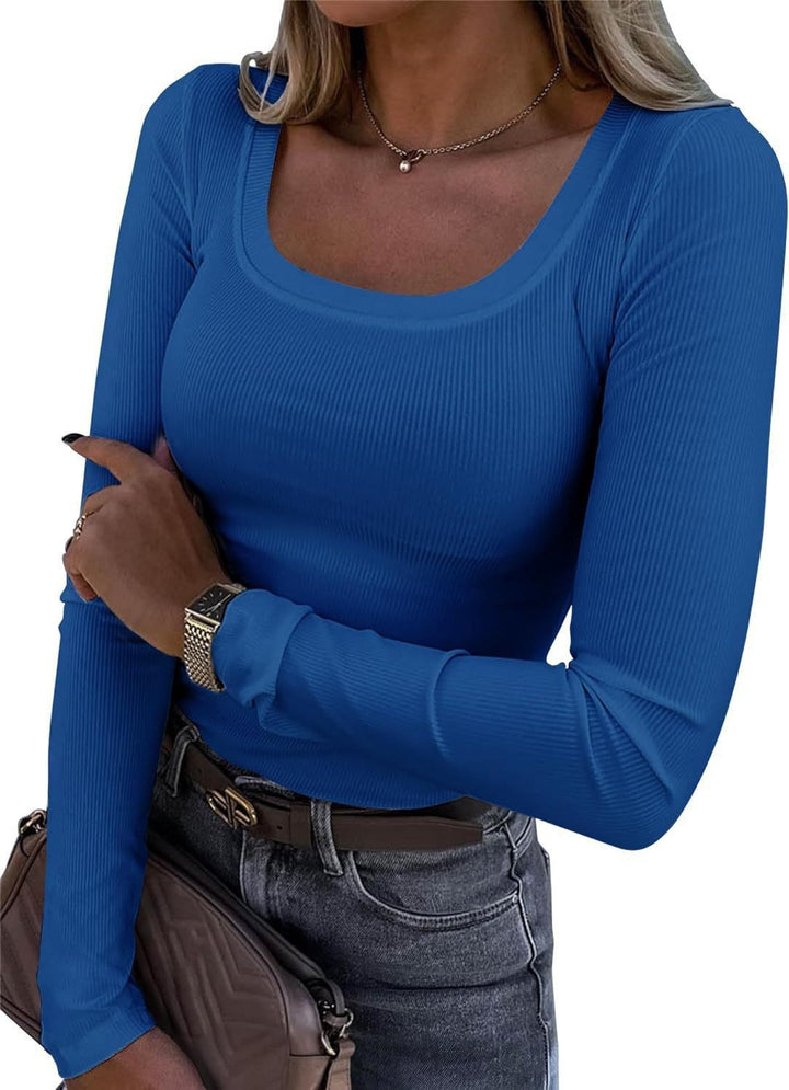 Damen Langarm Ripp-T-Shirt mit elegantem U-Boot-Ausschnitt Drune
