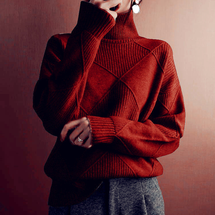 Damen nan weit geschnittener Strickpullover mit hohem Rollkragen und Rautenmuster Drune